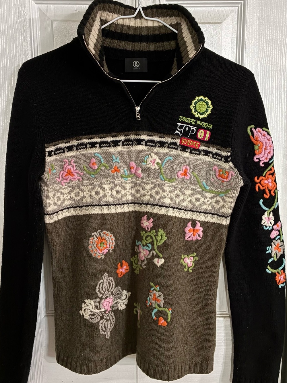 Vintage Bogner Embroidered Wool Cashmere Ski Sweater Quarter Zip Tyrolean